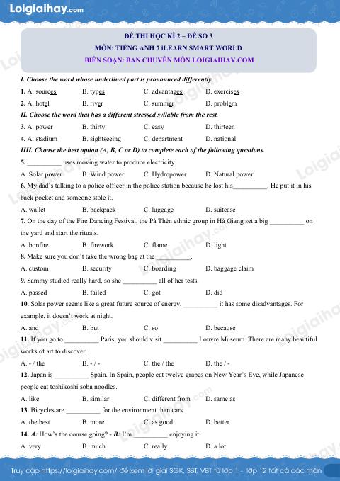 Đề thi học kì 2 Tiếng Anh 7 iLearn Smart World - Đề số 3